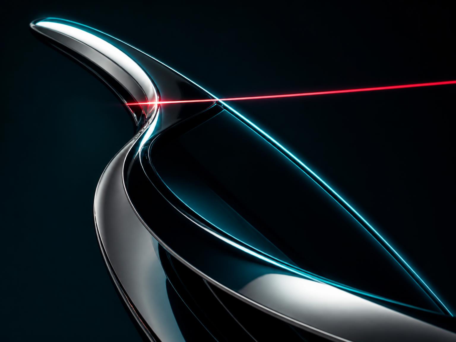 Sculptural chrome and glass form crossed by a single red signal line